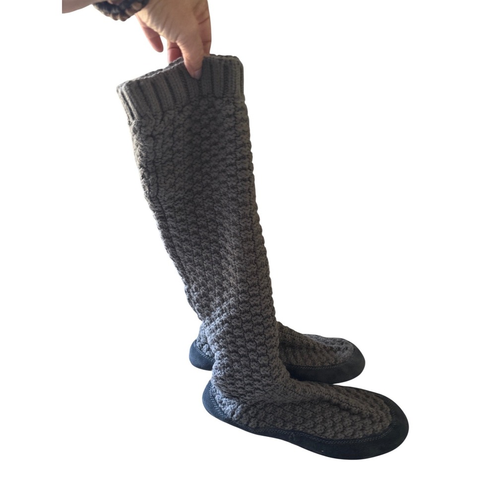 L.L. Bean Slipper Boots Womens Small Gray Excellent Popcorn Knit Tall Suede Sole